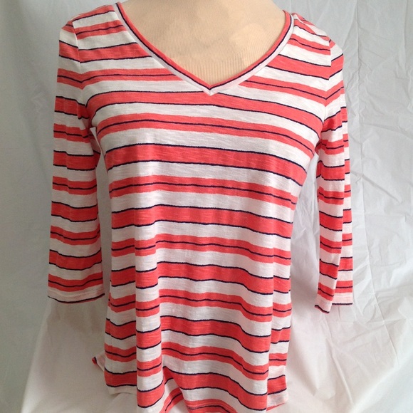 Red Camel Striped V-Neck Blouse - Coral White, Blue - Picture 1 of 5
